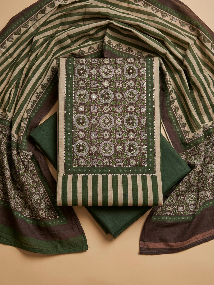Green Chanderi Embroidered Unstitched Dress Material
