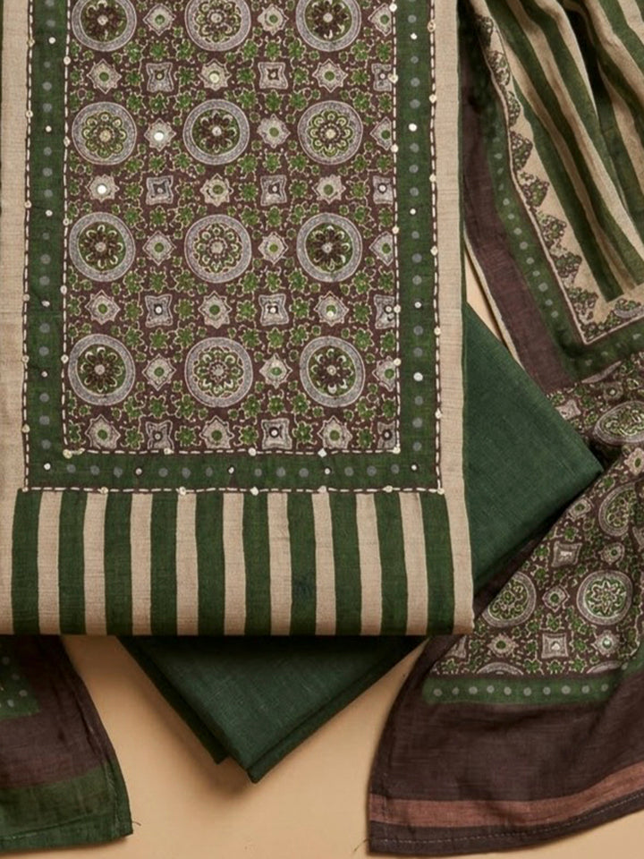 Green Chanderi Embroidered Unstitched Dress Material