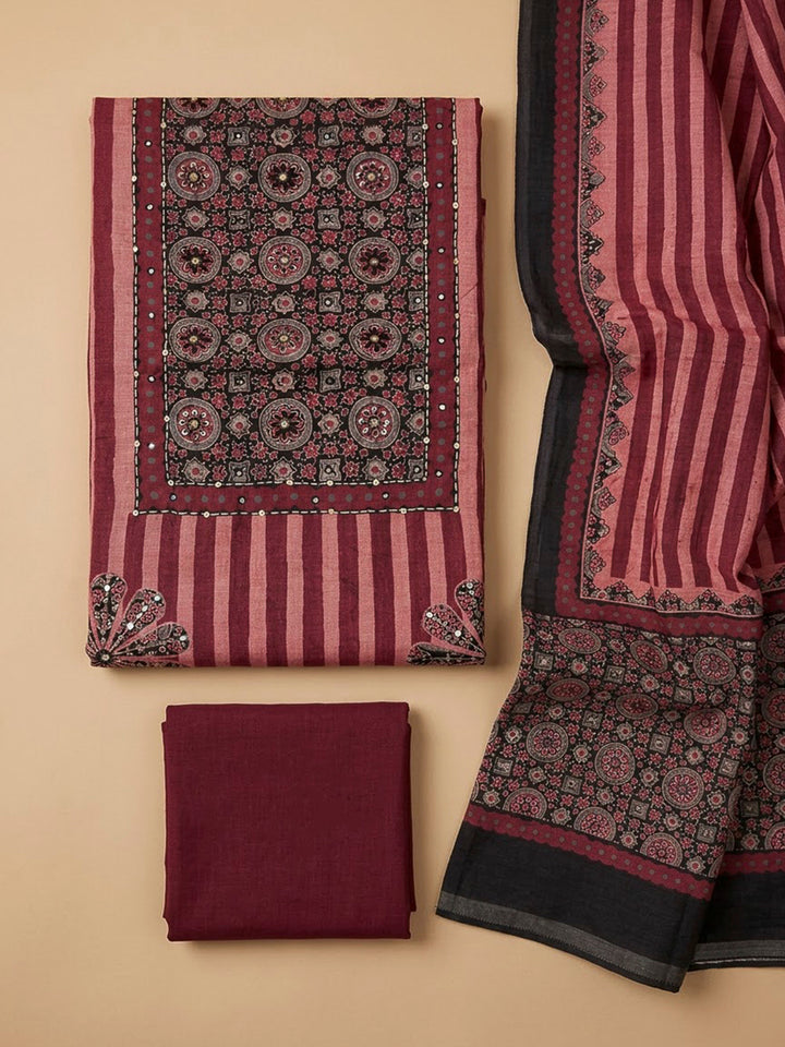 Onion Pink Chanderi Embroidered Unstitched Dress Material