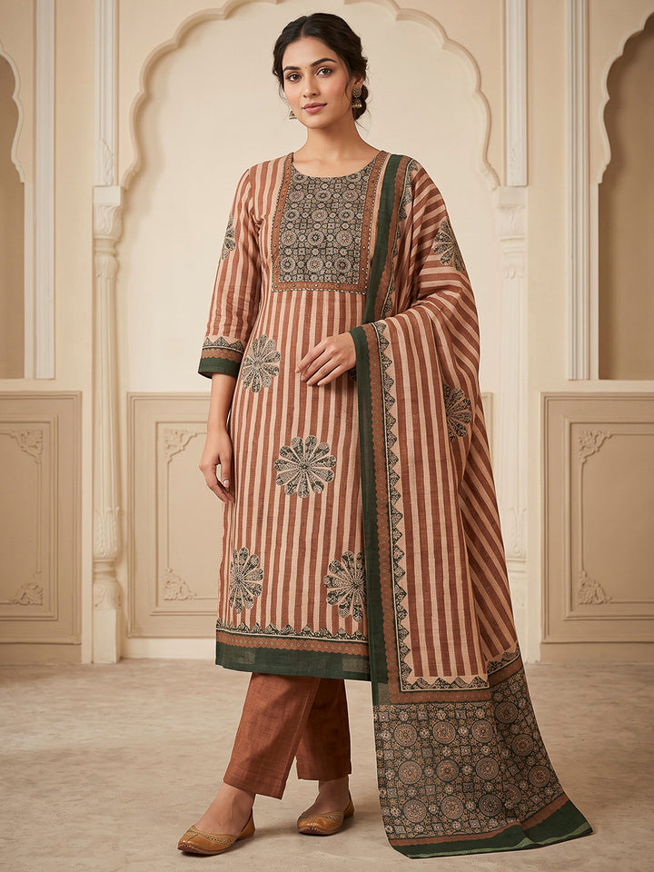Rust Chanderi Embroidered Unstitched Dress Material