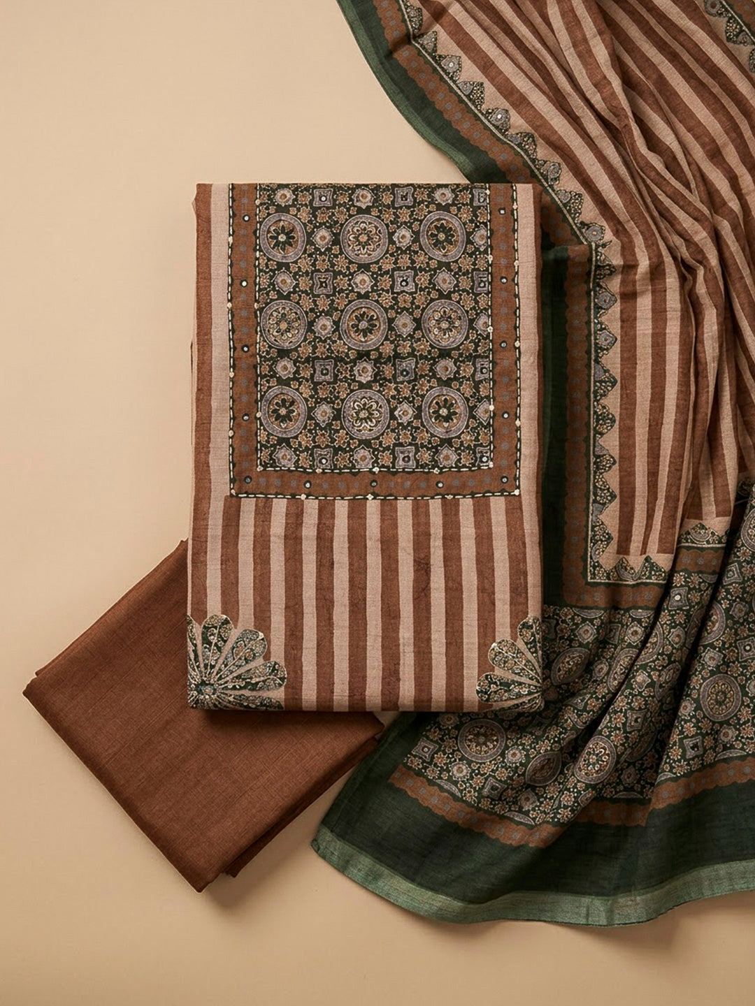 Rust Chanderi Embroidered Unstitched Dress Material