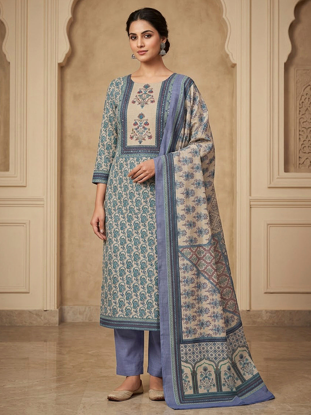 Blue Tussar Embroidered Unstitched Dress Material