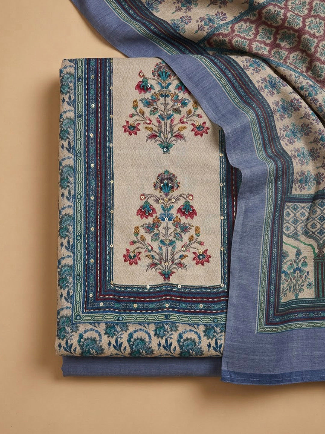 Blue Tussar Embroidered Unstitched Dress Material