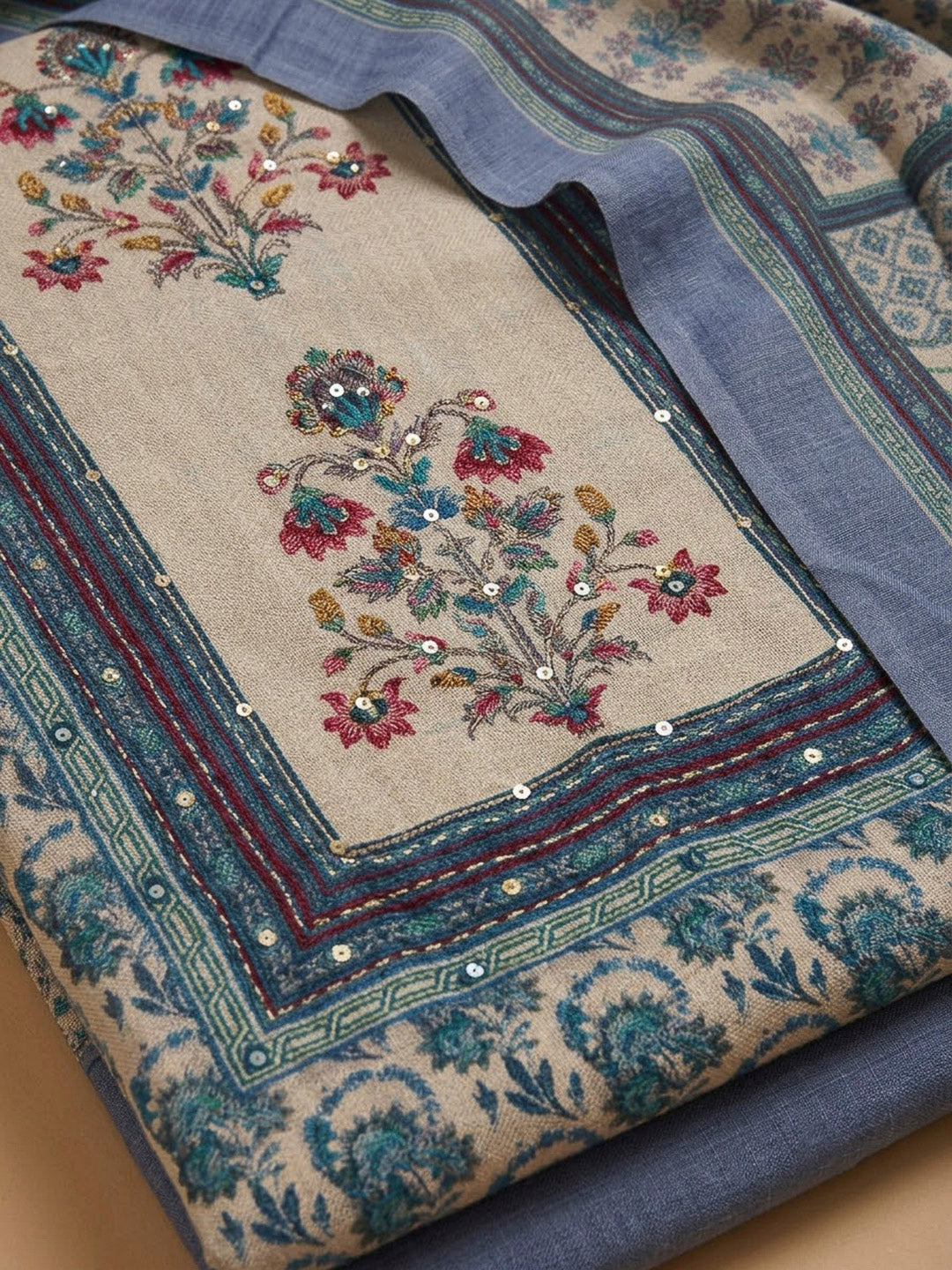 Blue Tussar Embroidered Unstitched Dress Material