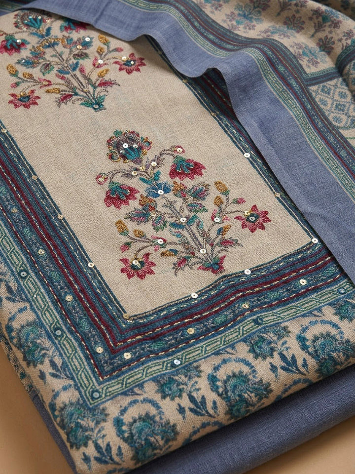 Blue Tussar Embroidered Unstitched Dress Material