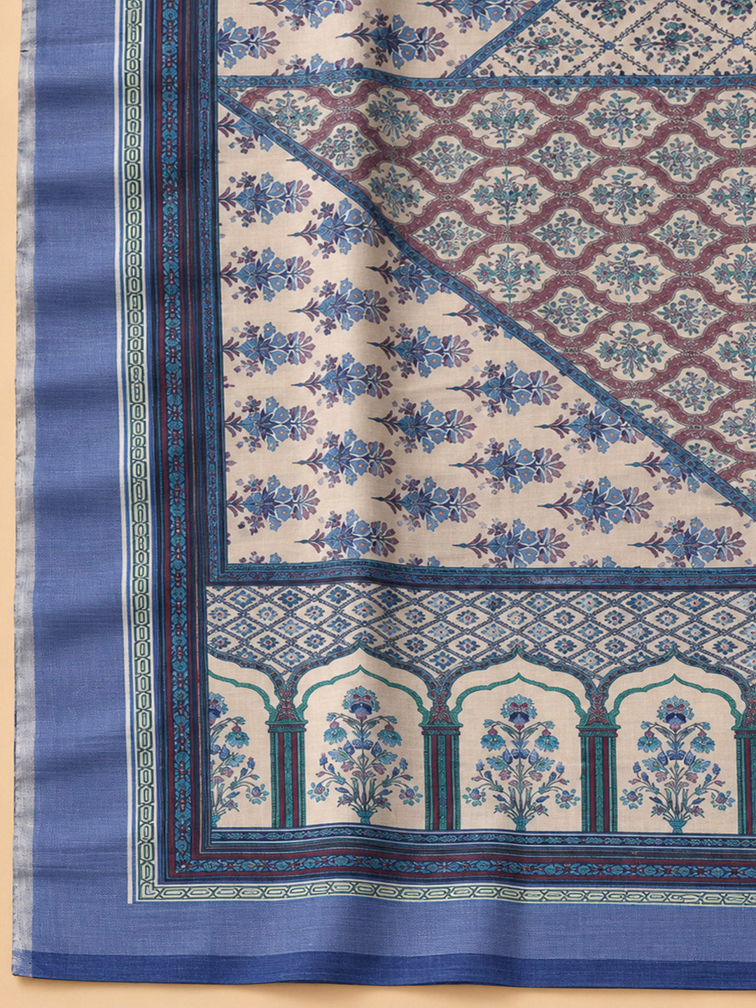 Blue Tussar Embroidered Unstitched Dress Material