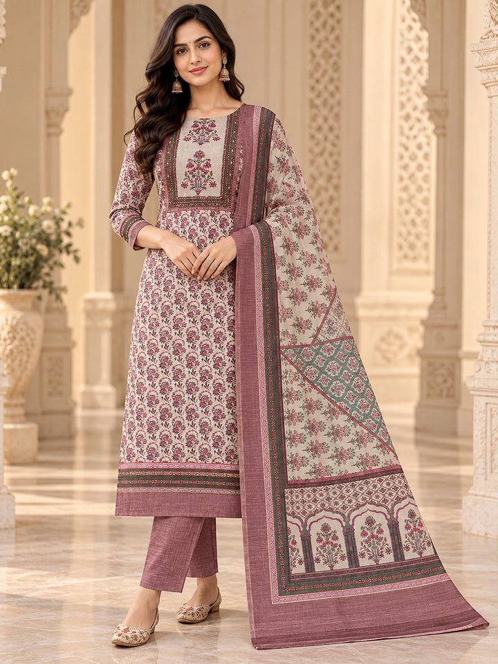 Dusty Pink Tussar Embroidered Unstitched Dress Material