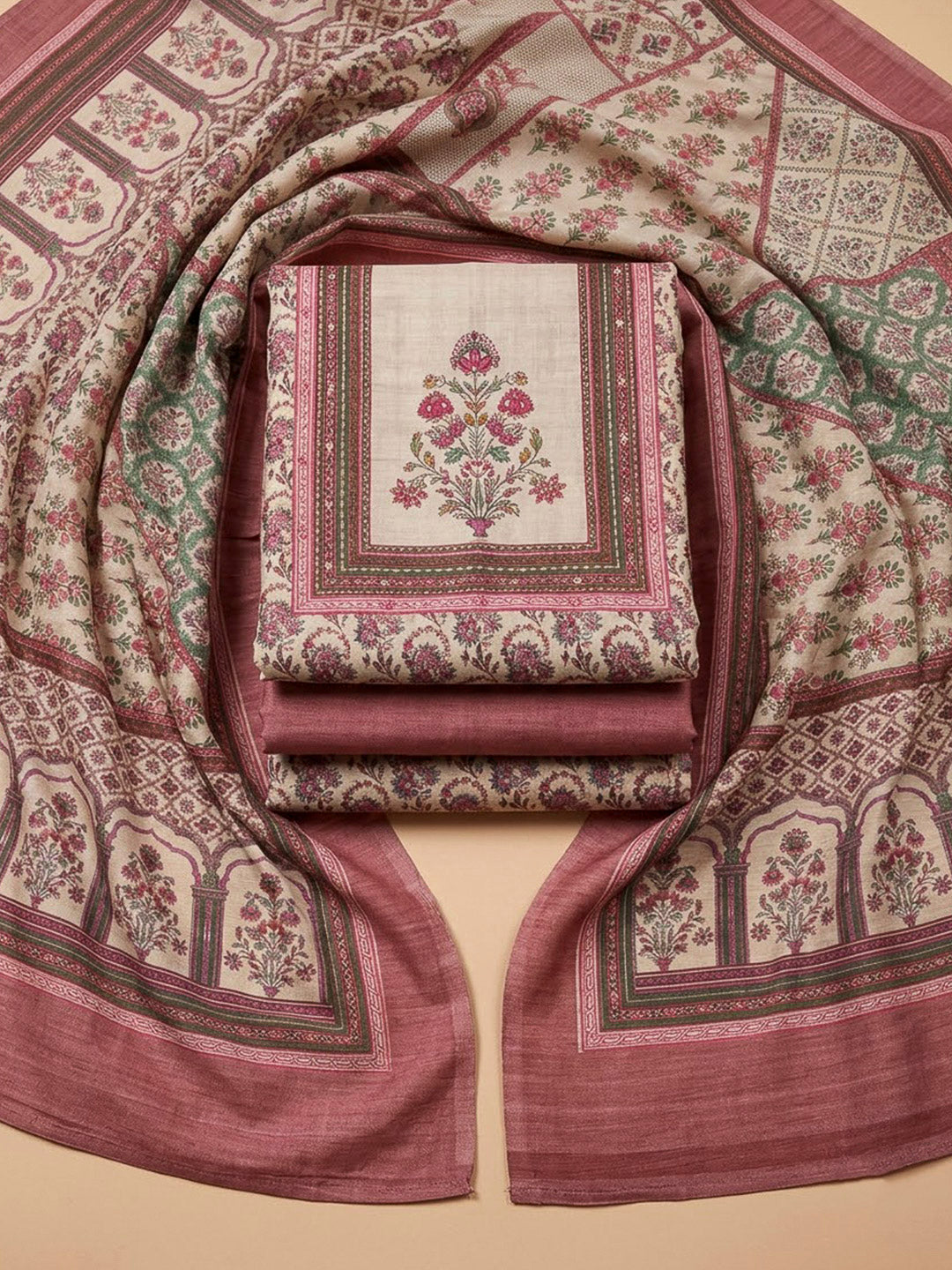 Dusty Pink Tussar Embroidered Unstitched Dress Material