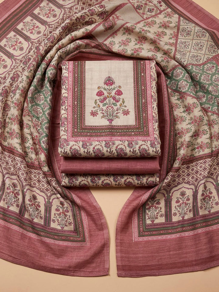 Dusty Pink Tussar Embroidered Unstitched Dress Material
