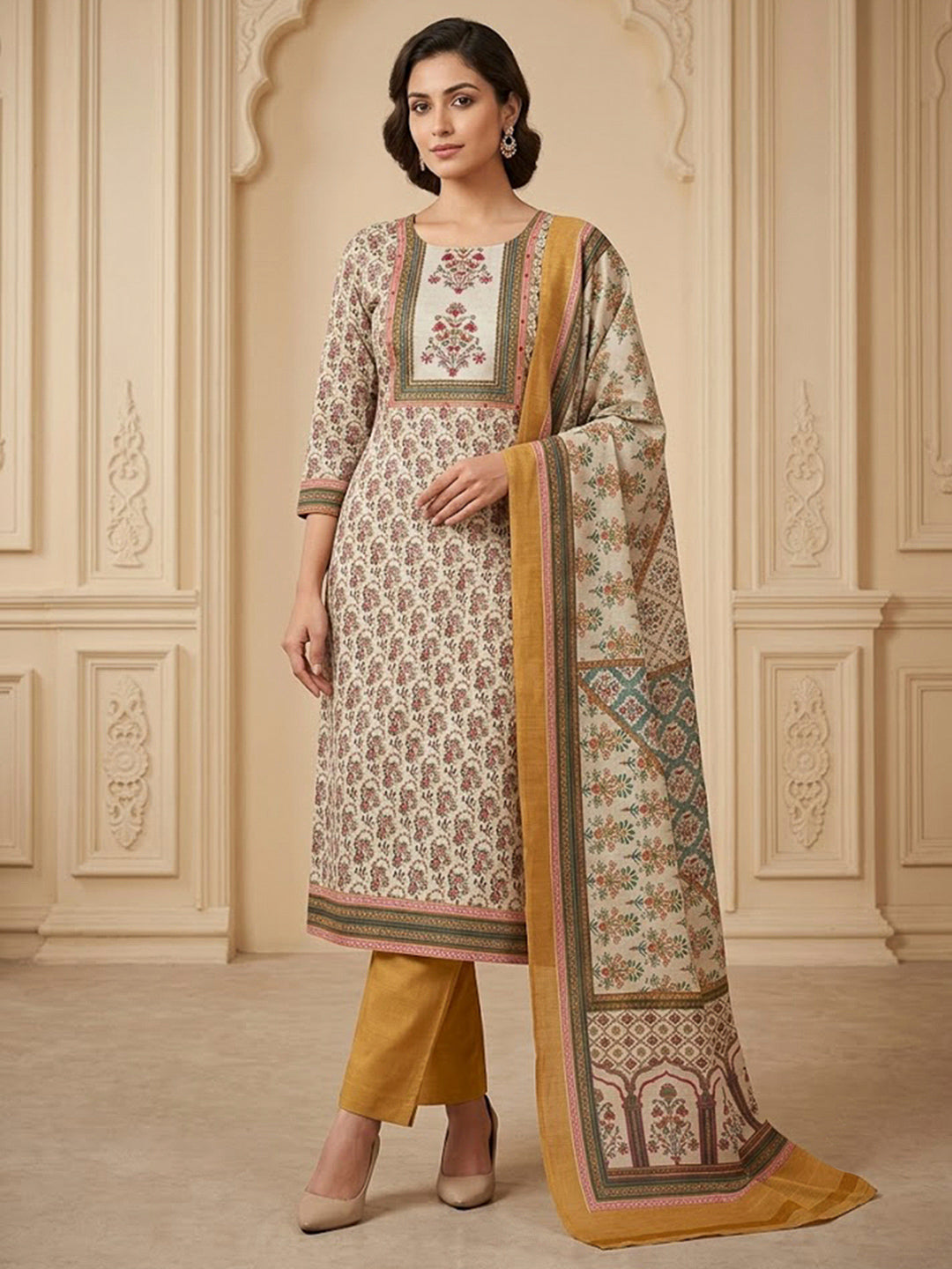 Mustard Tussar Embroidered Unstitched Dress Material