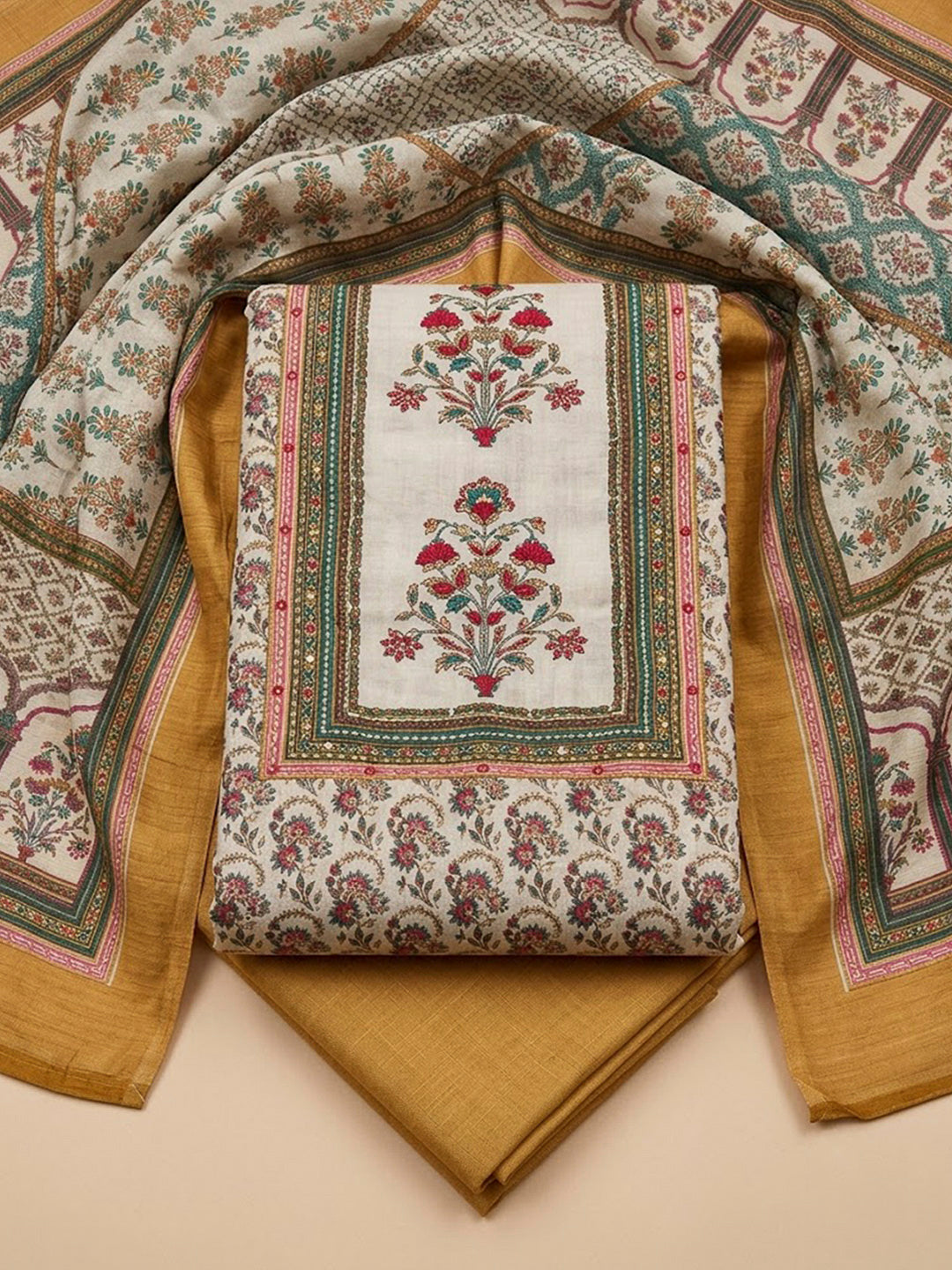 Mustard Tussar Embroidered Unstitched Dress Material