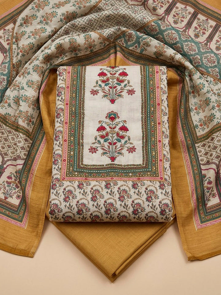 Mustard Tussar Embroidered Unstitched Dress Material