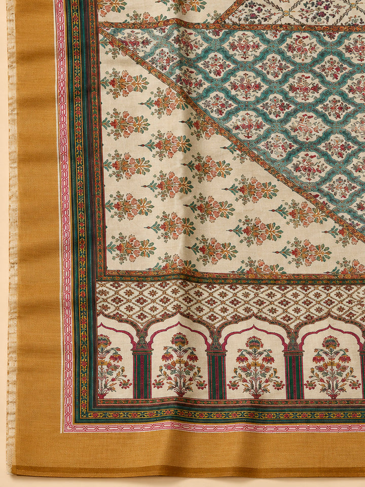 Mustard Tussar Embroidered Unstitched Dress Material