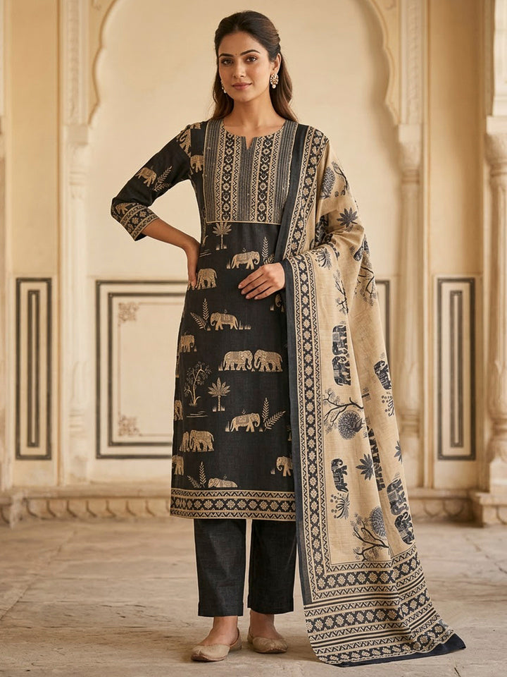 Black Tussar Embroidered Unstitched Dress Material