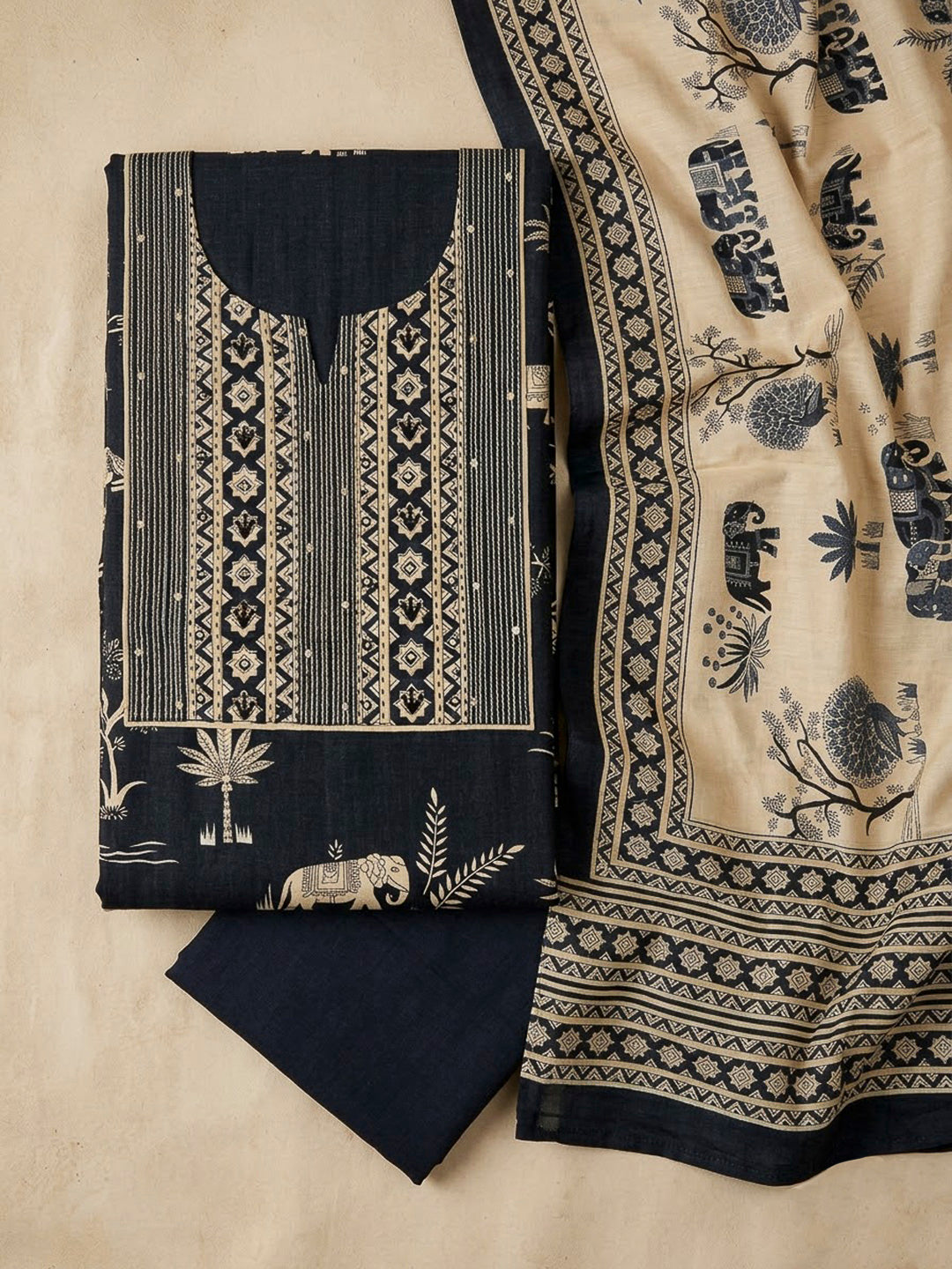 Black Tussar Embroidered Unstitched Dress Material