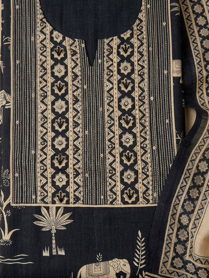 Black Tussar Embroidered Unstitched Dress Material