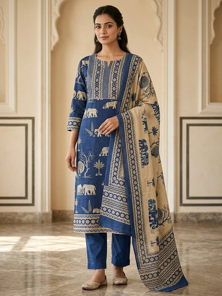 Blue Tussar Embroidered Unstitched Dress Material