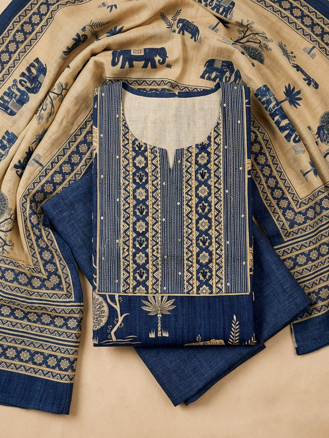 Blue Tussar Embroidered Unstitched Dress Material