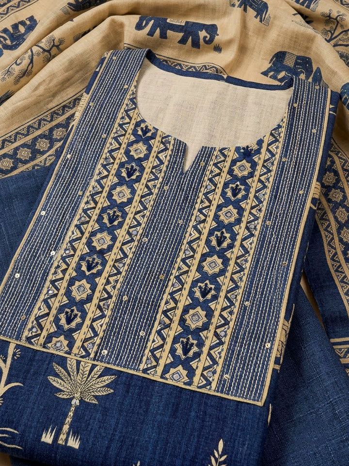 Blue Tussar Embroidered Unstitched Dress Material