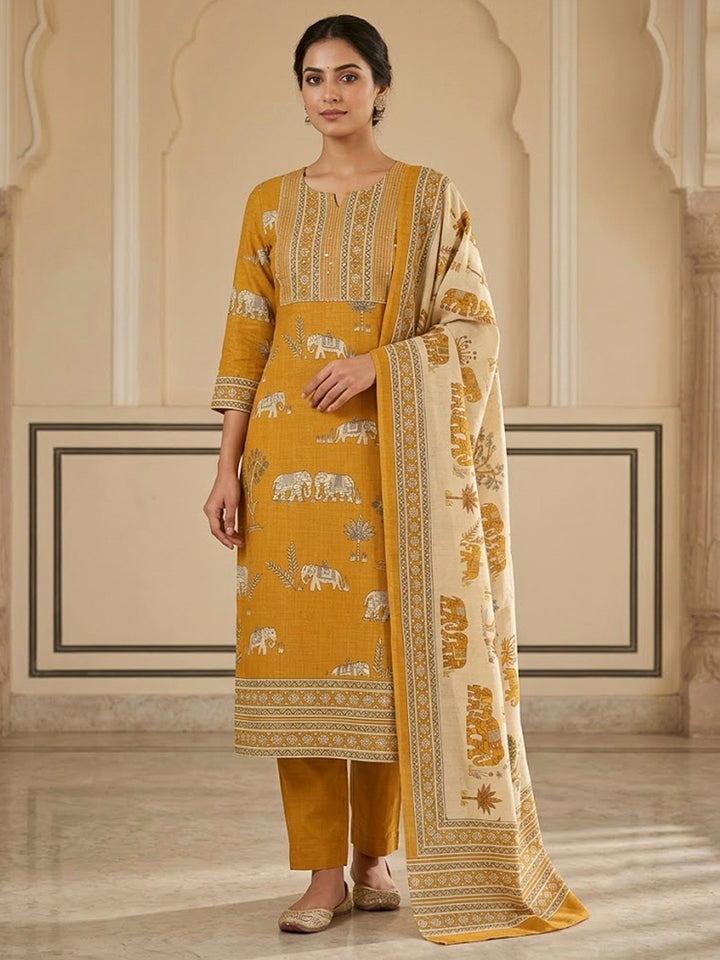 Mustard Tussar Embroidered Unstitched Dress Material
