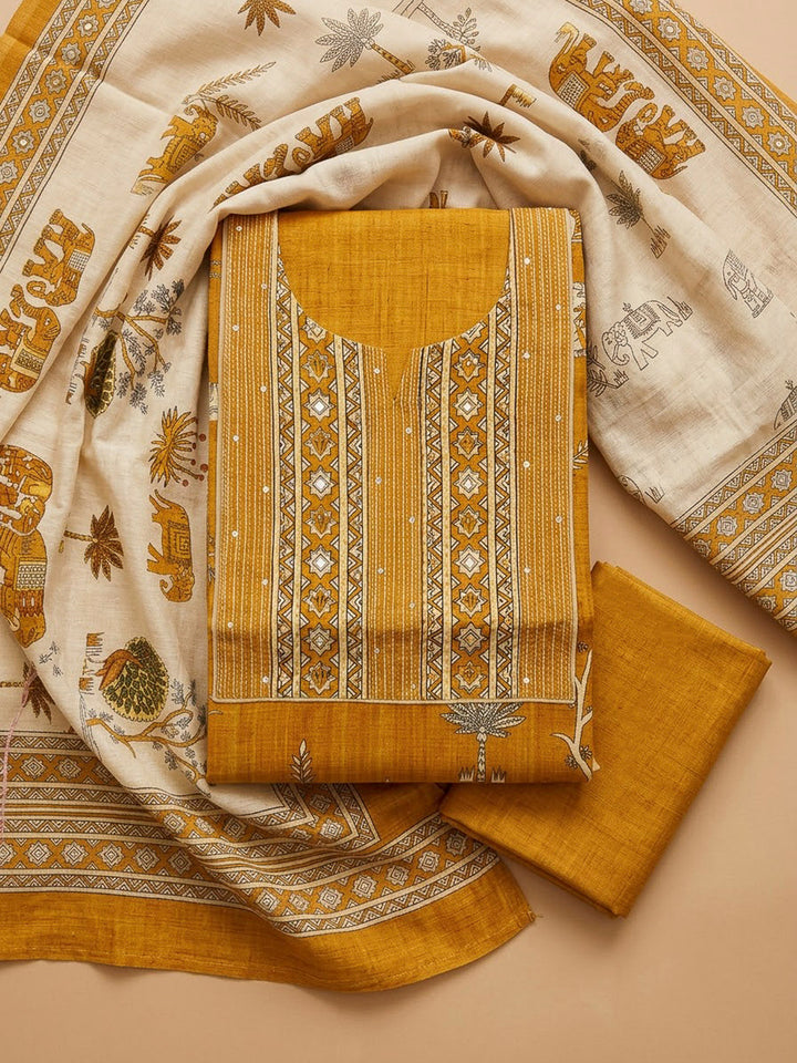 Mustard Tussar Embroidered Unstitched Dress Material