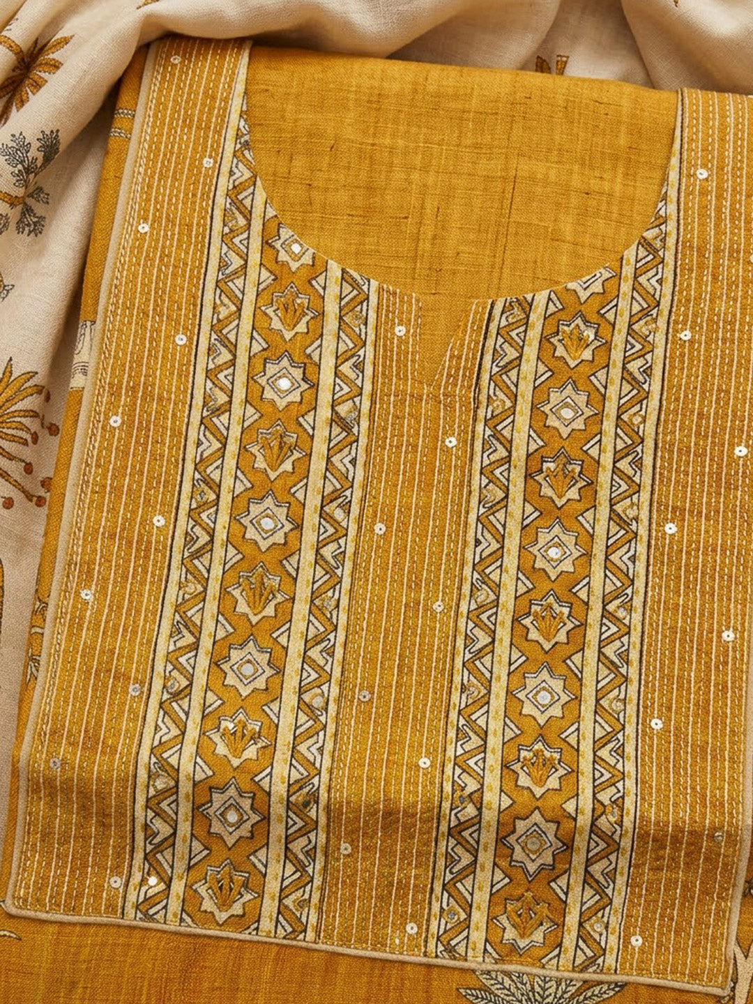 Mustard Tussar Embroidered Unstitched Dress Material