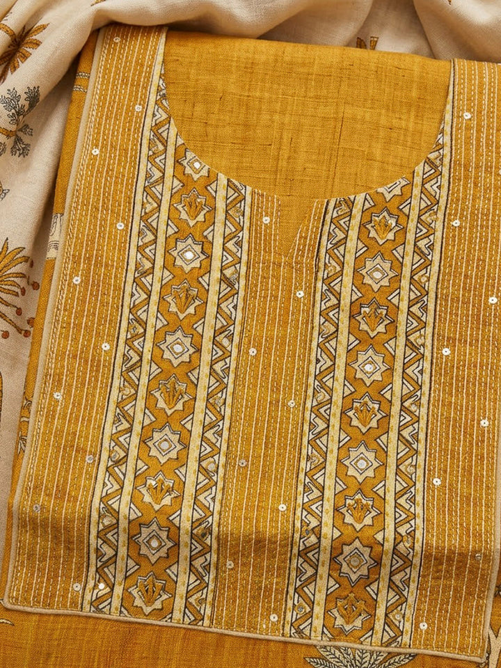 Mustard Tussar Embroidered Unstitched Dress Material