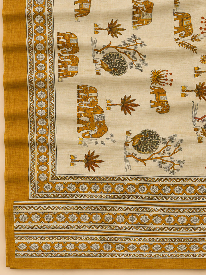 Mustard Tussar Embroidered Unstitched Dress Material
