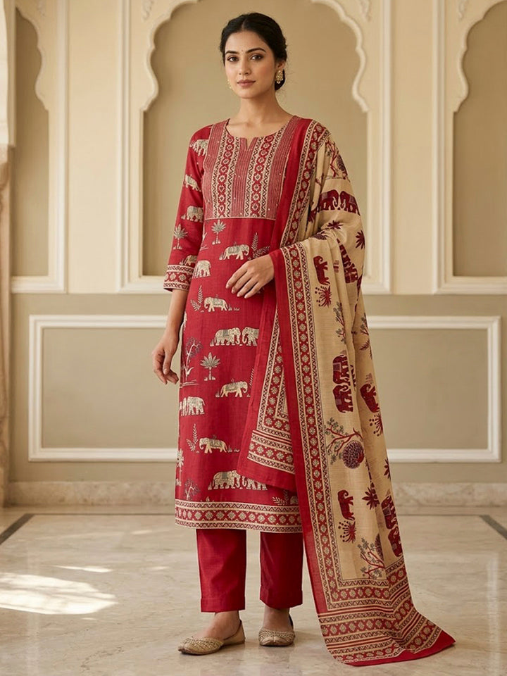 Red Tussar Embroidered Unstitched Dress Material