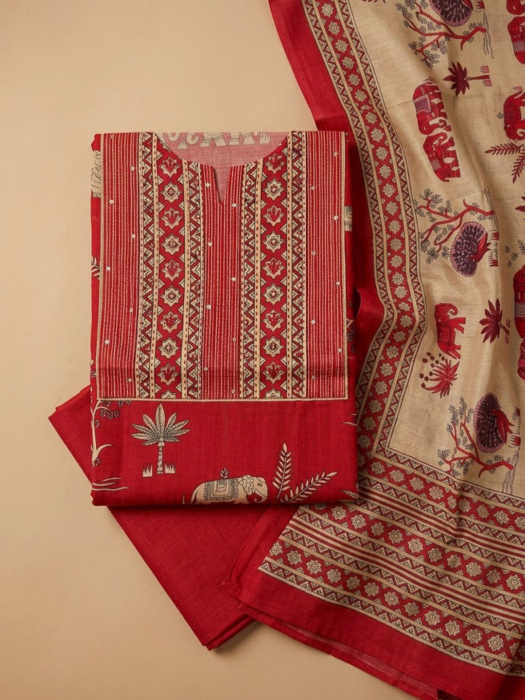 Red Tussar Embroidered Unstitched Dress Material