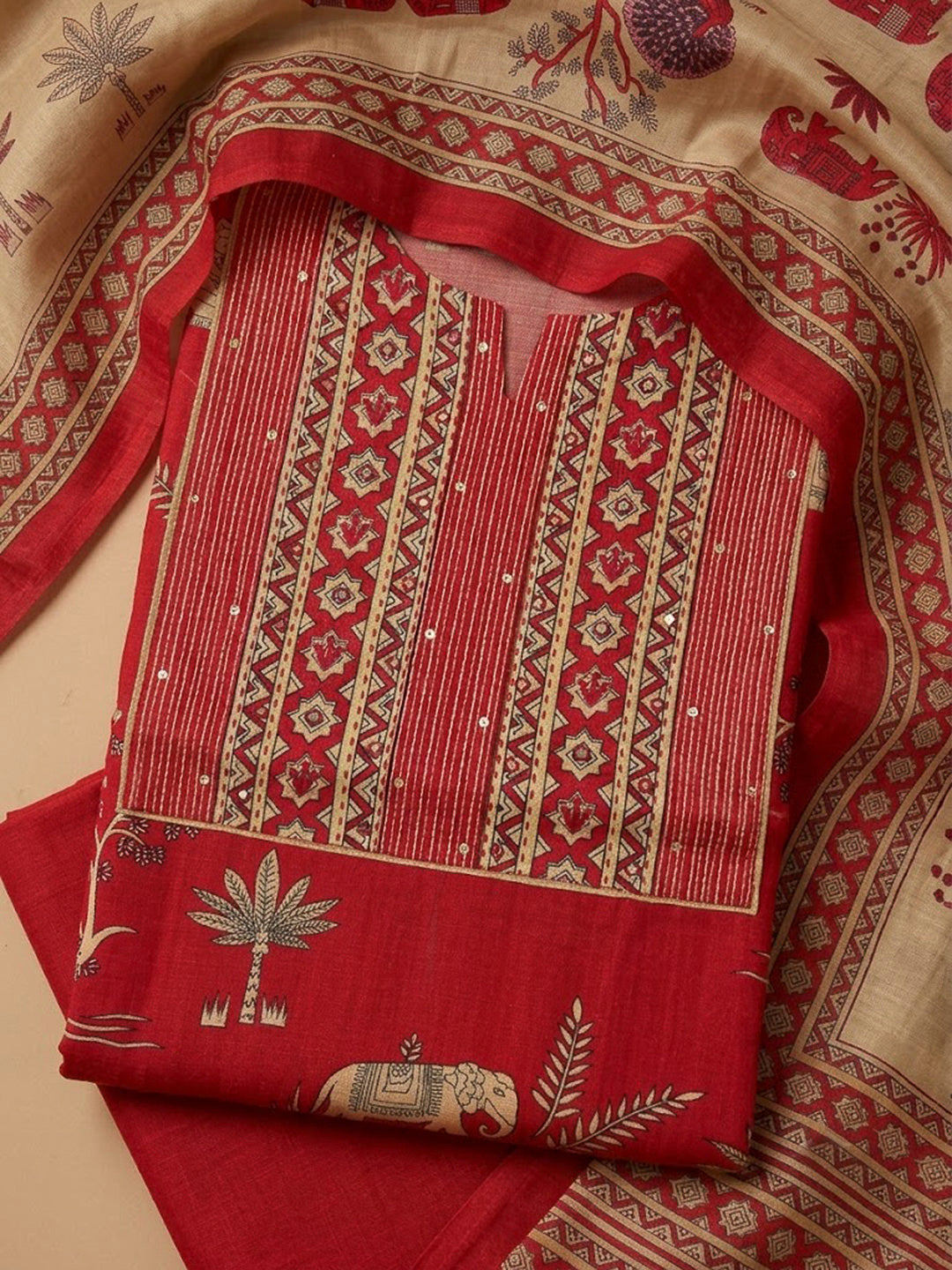 Red Tussar Embroidered Unstitched Dress Material