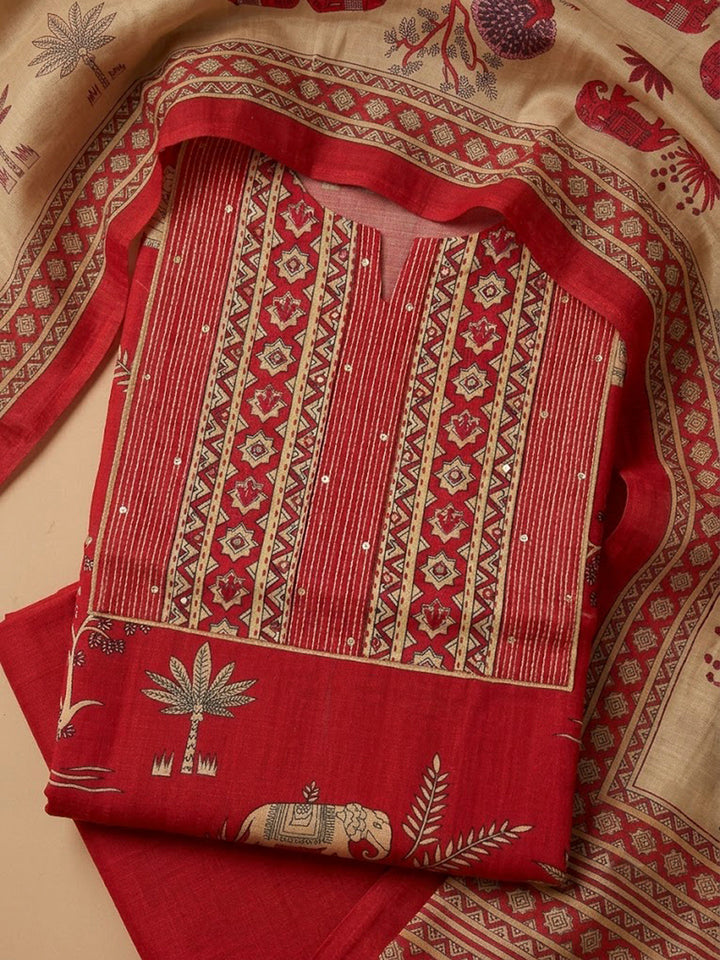 Red Tussar Embroidered Unstitched Dress Material