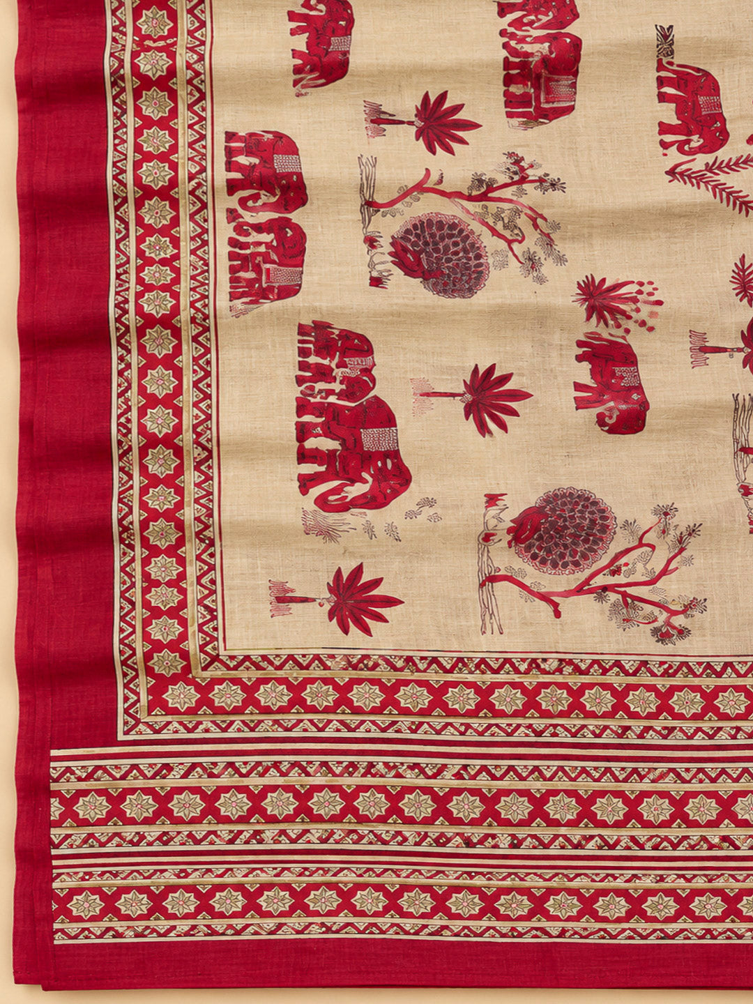 Red Tussar Embroidered Unstitched Dress Material