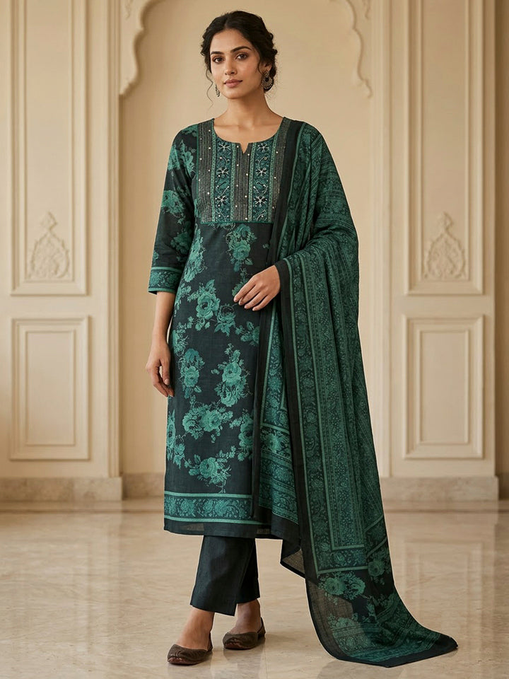 Black Tussar Embroidered Unstitched Dress Material