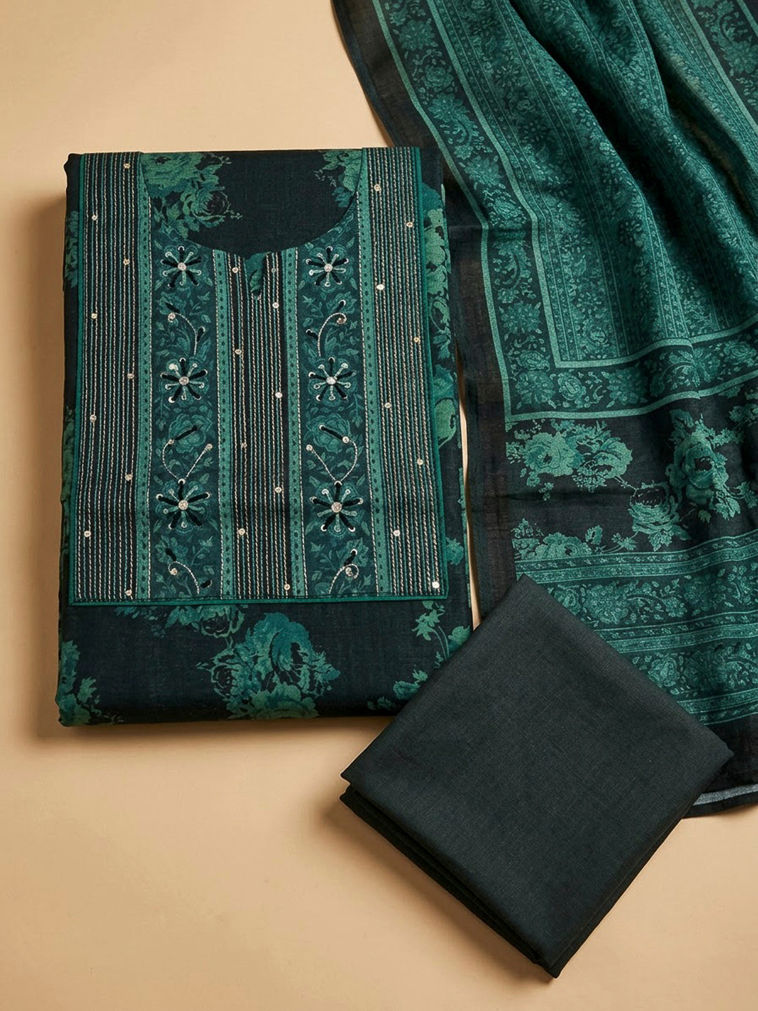 Black Tussar Embroidered Unstitched Dress Material