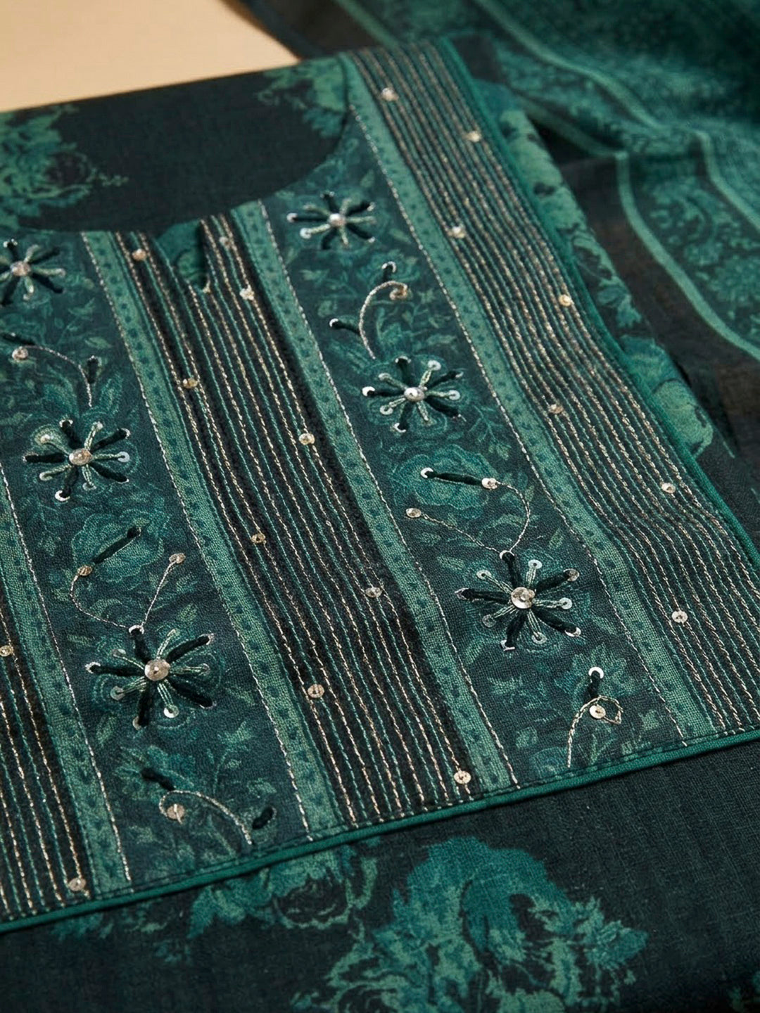 Black Tussar Embroidered Unstitched Dress Material