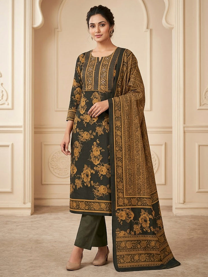 Black Tussar Embroidered Unstitched Dress Material
