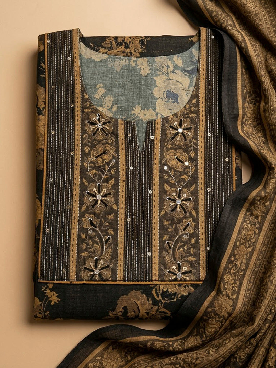 Black Tussar Embroidered Unstitched Dress Material