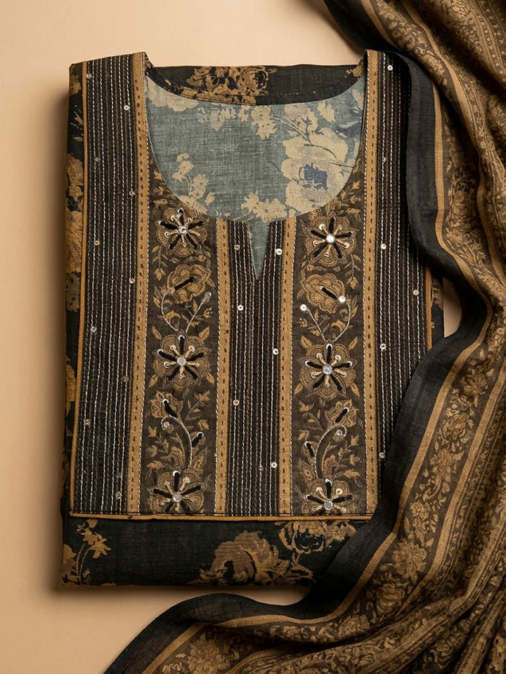Black Tussar Embroidered Unstitched Dress Material