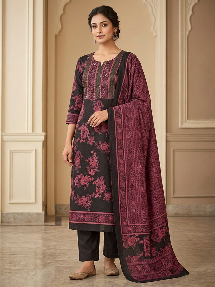 Black Tussar Embroidered Unstitched Dress Material