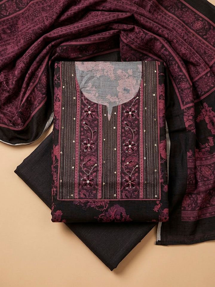 Black Tussar Embroidered Unstitched Dress Material