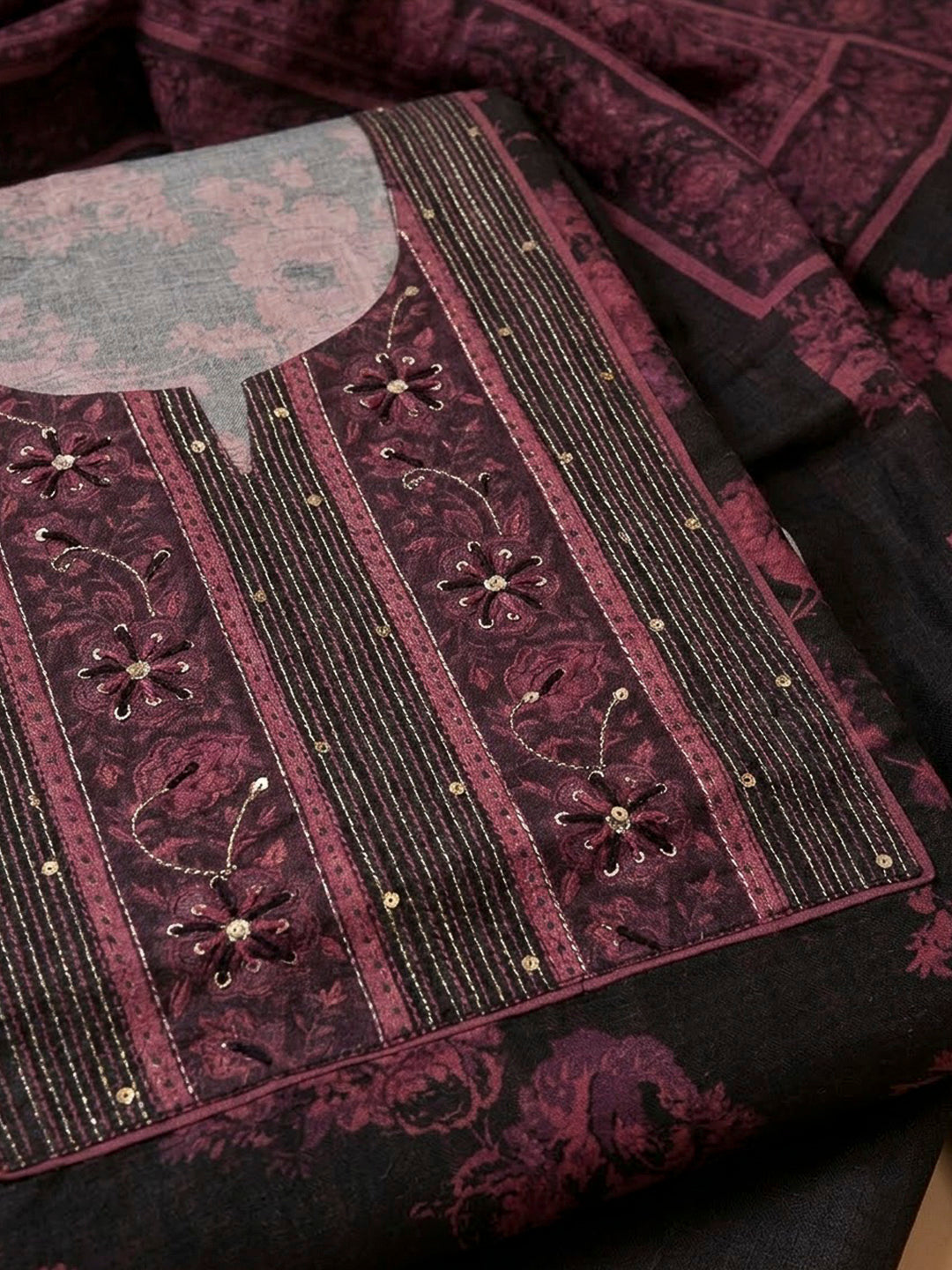Black Tussar Embroidered Unstitched Dress Material