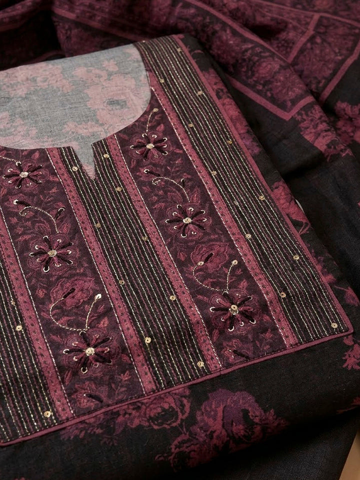 Black Tussar Embroidered Unstitched Dress Material
