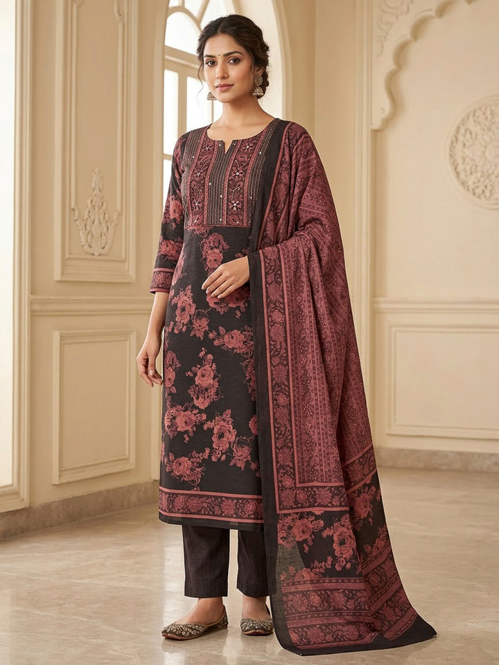 Black Tussar Embroidered Unstitched Dress Material