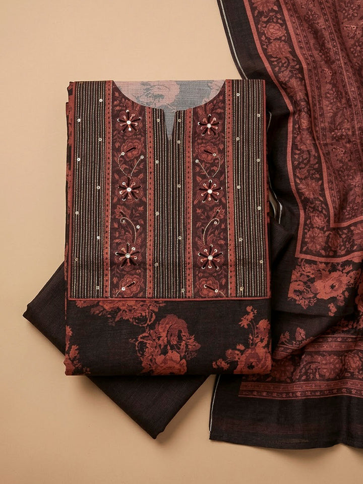 Black Tussar Embroidered Unstitched Dress Material
