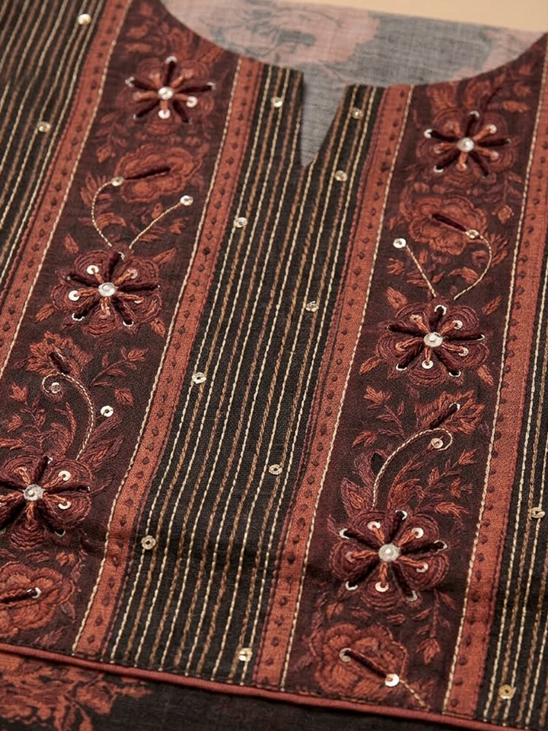 Black Tussar Embroidered Unstitched Dress Material