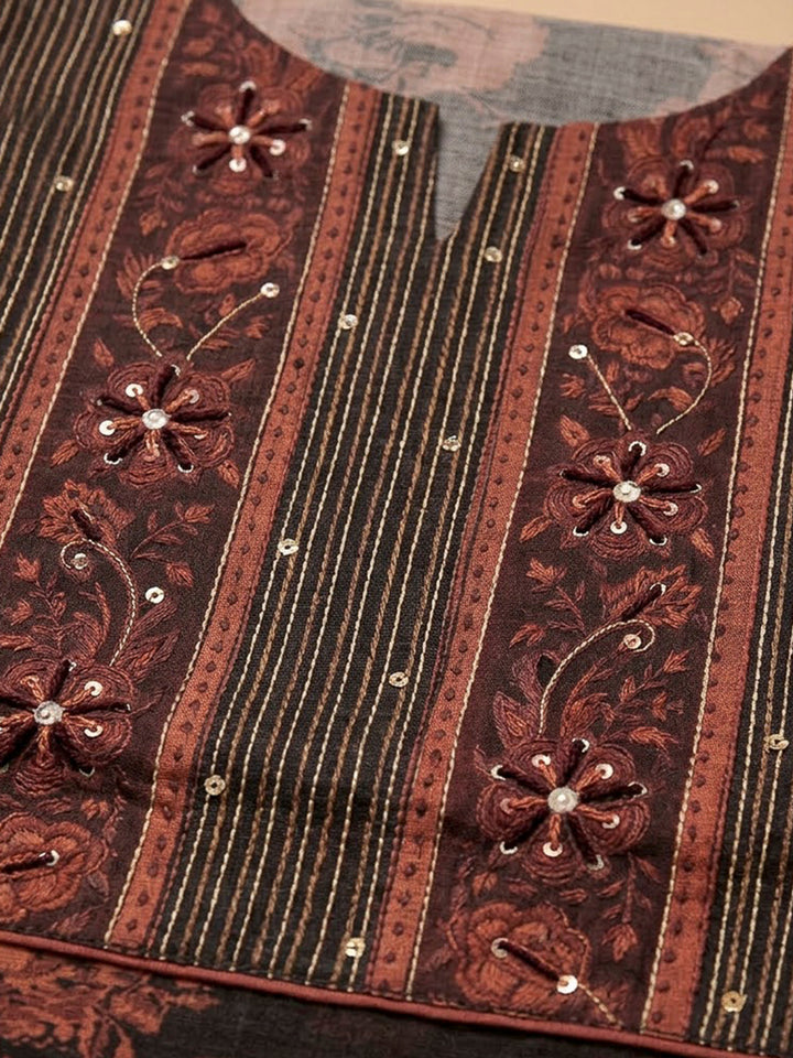 Black Tussar Embroidered Unstitched Dress Material