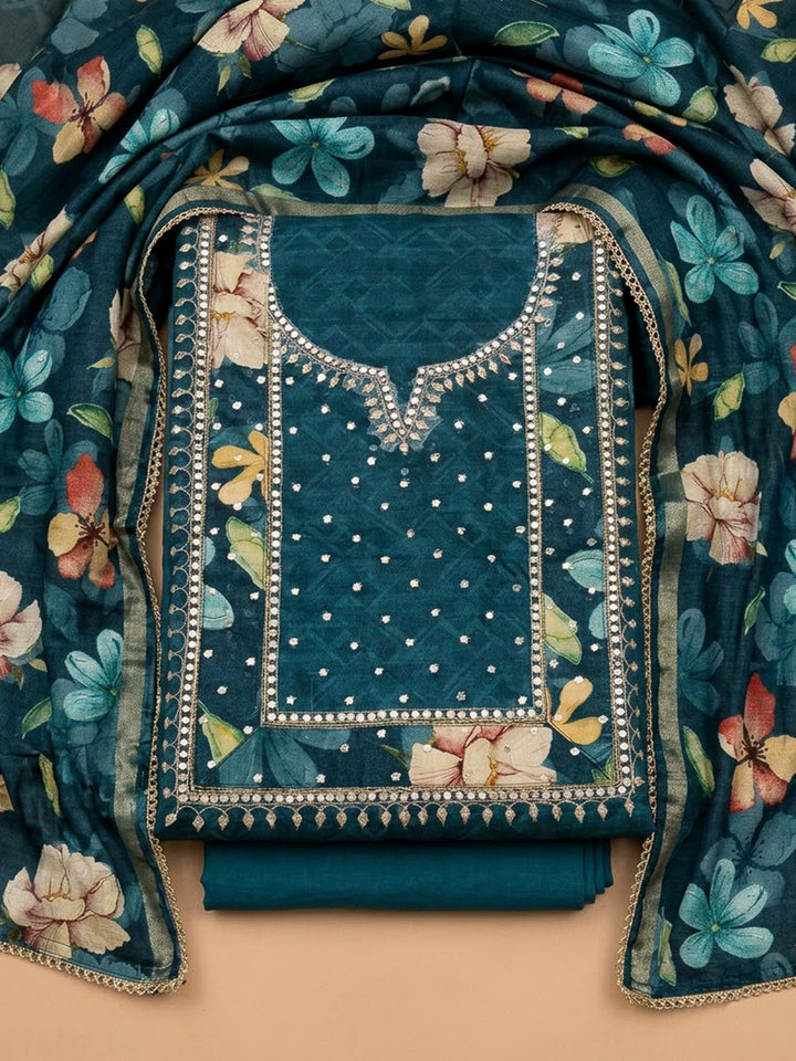 Blue Art Silk Printed Unstitched Dress Material