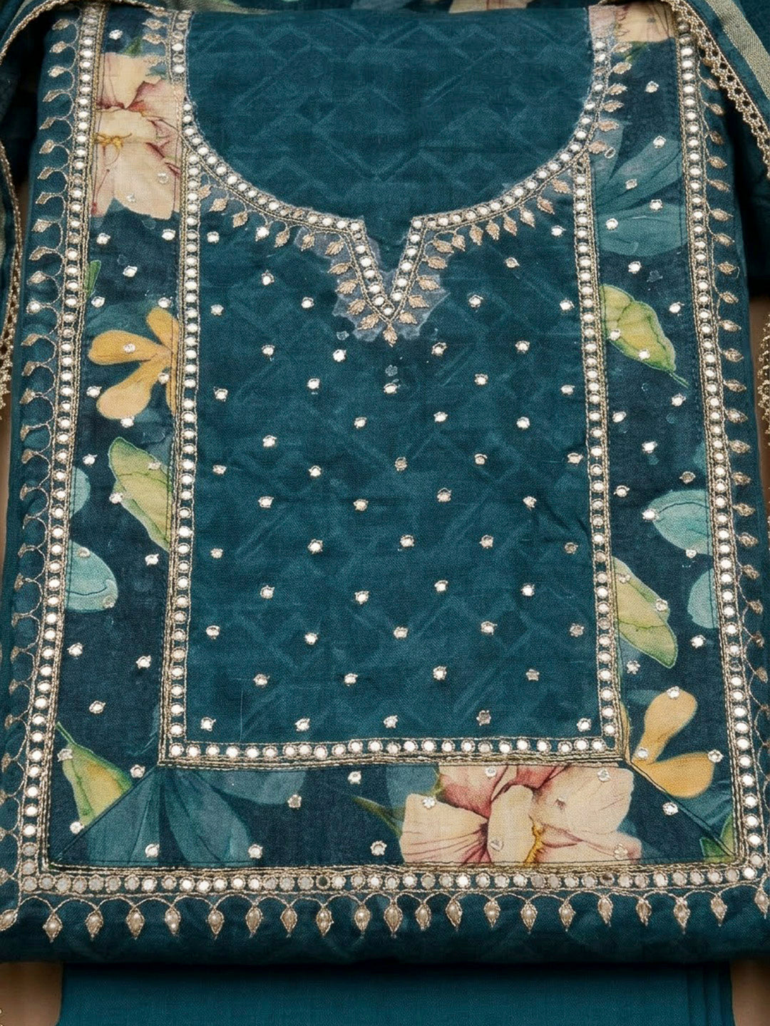 Blue Art Silk Printed Unstitched Dress Material