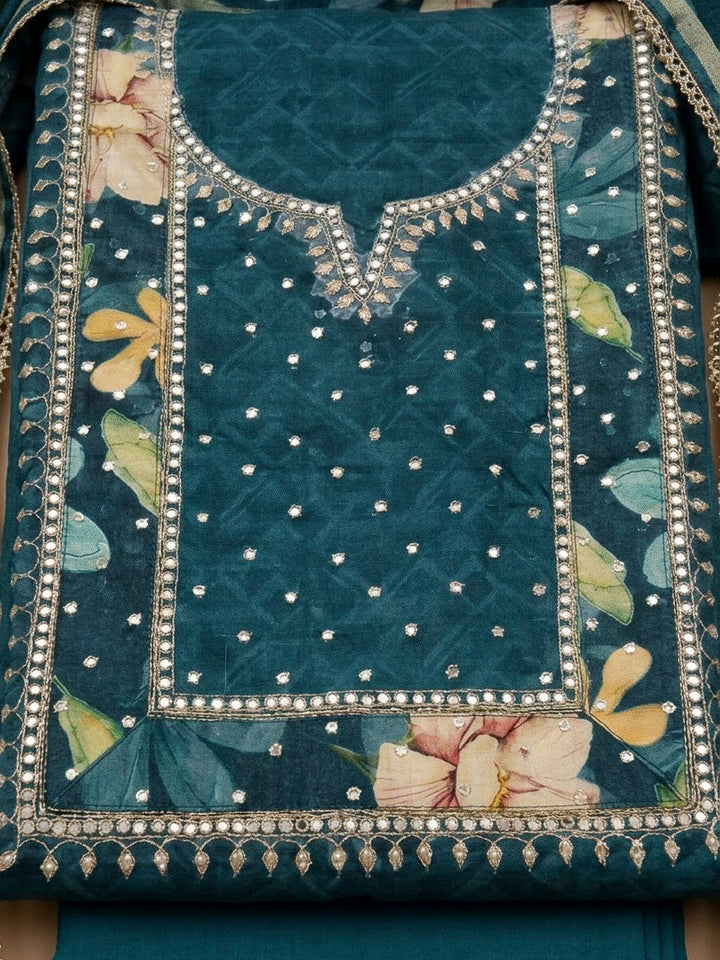 Blue Art Silk Printed Unstitched Dress Material